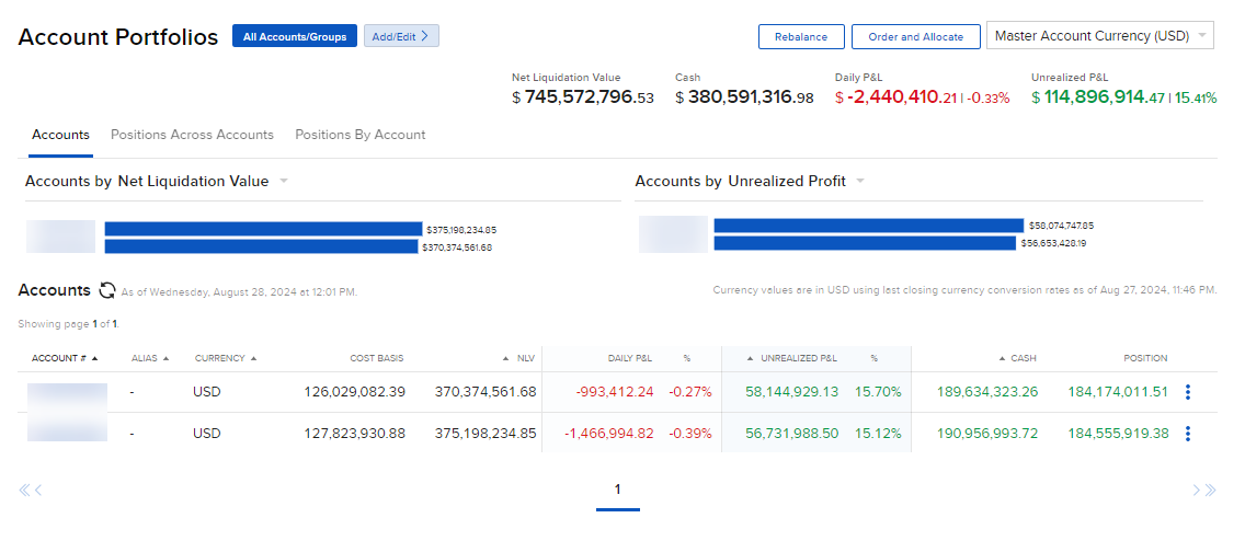 Image of the accounts portfolios panel in portal. 