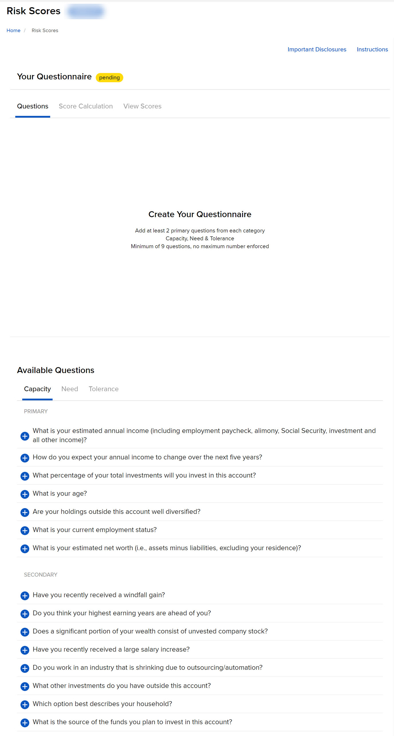 Image of the risk scores questionnaire panel in portal. 