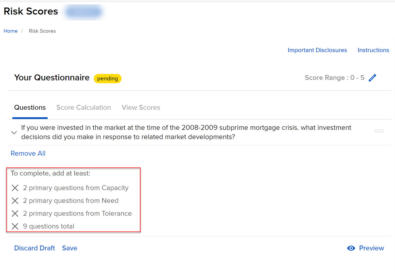 Risk Scores Questions Image of the risk scores questions in portal.
