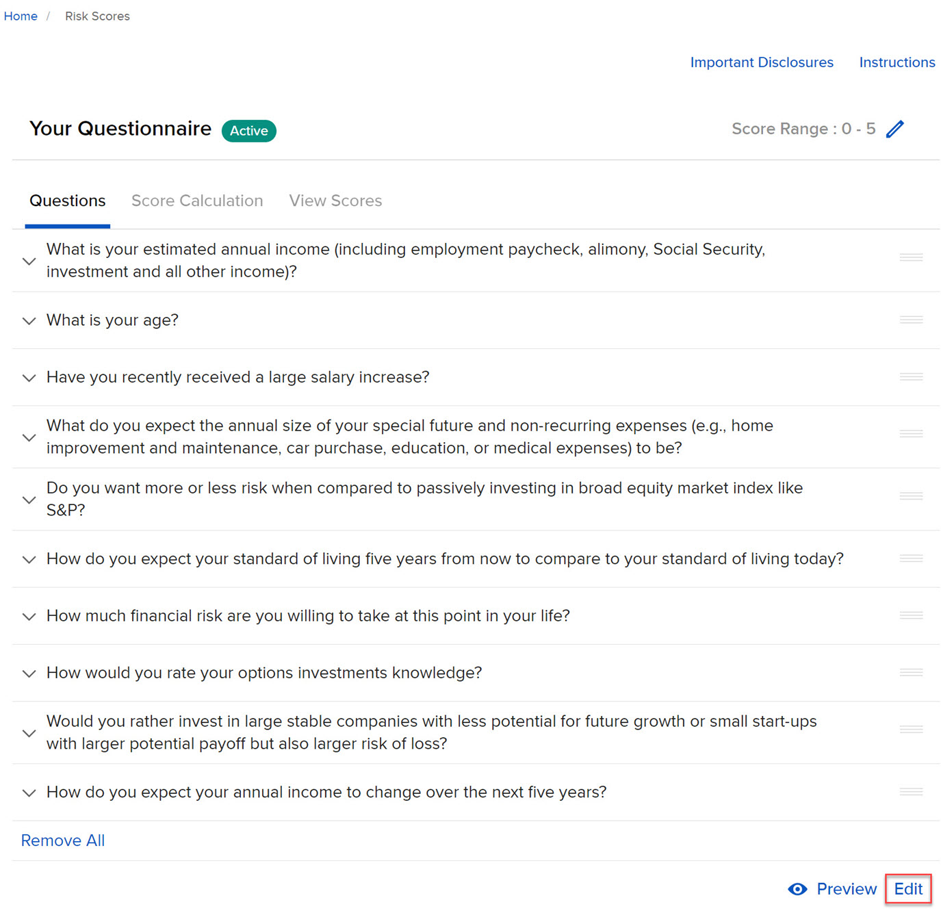 Image of the risk scores edit questionnaire panel in portal. 