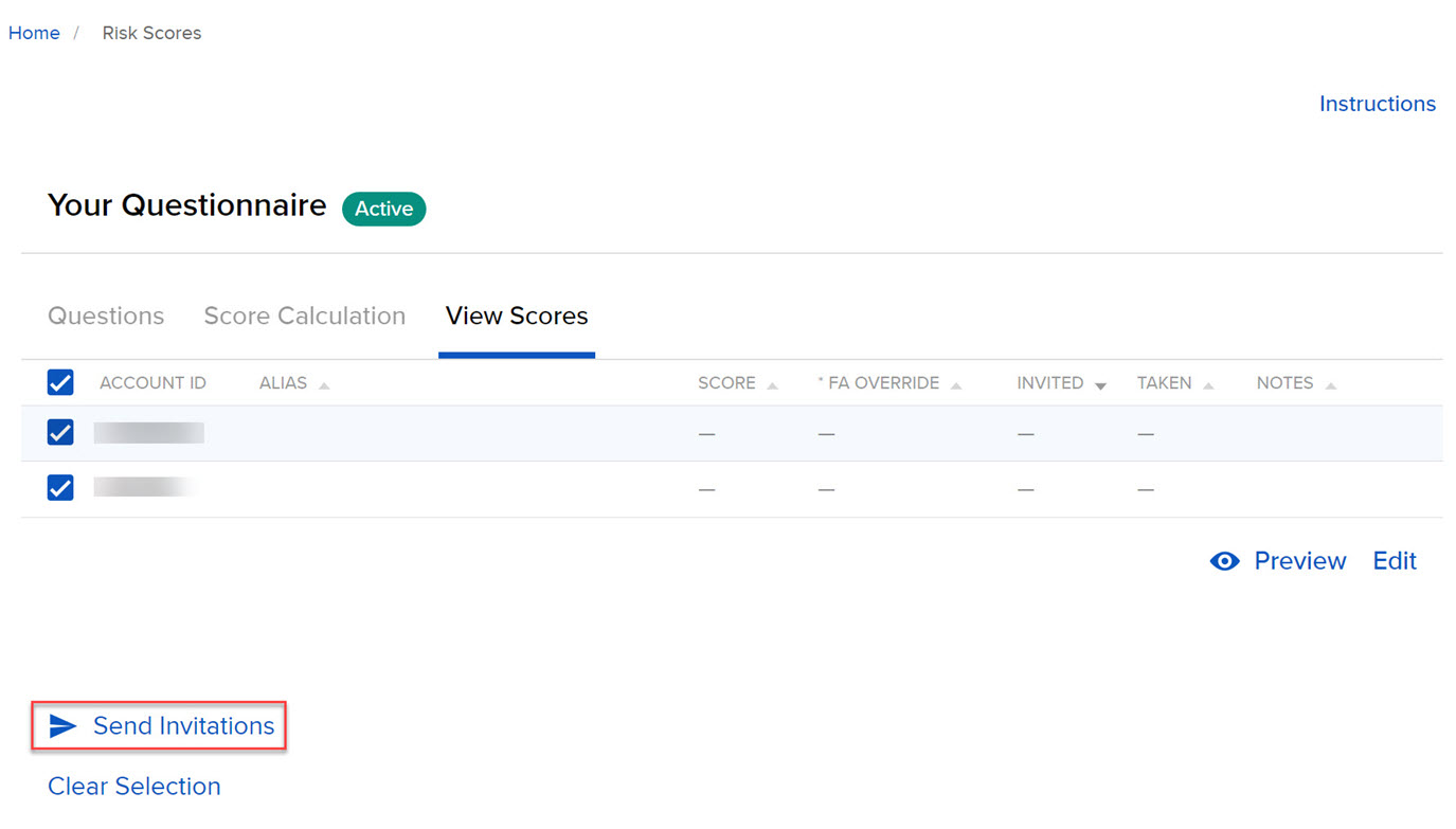 Image of the risk scores send invitations button in portal. 