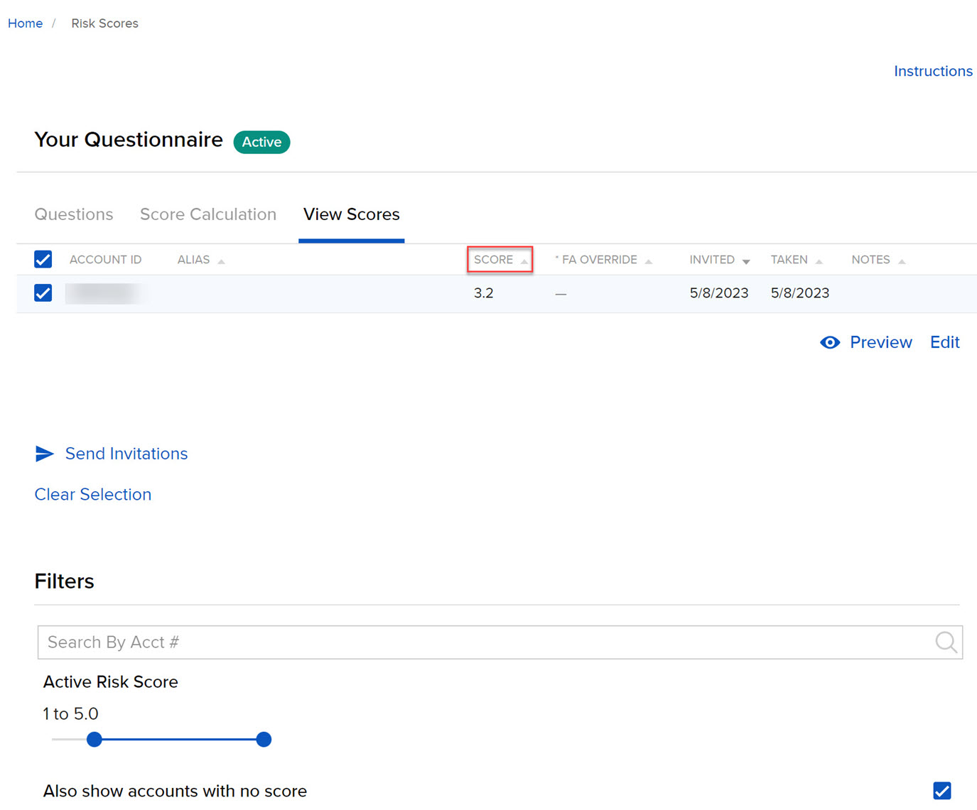 Image of the risk scores view score panel in portal. 