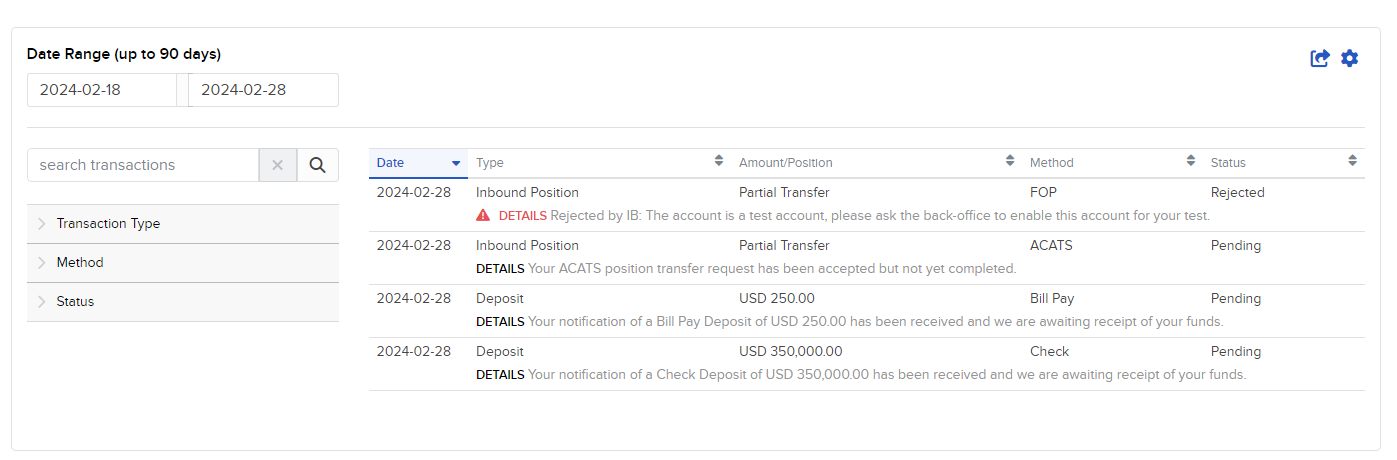 Image of the transaction status & history panel in Portal. 