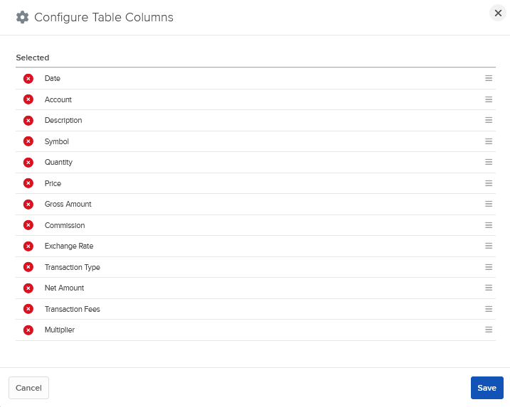 The Transaction History configure table columns in portal. 