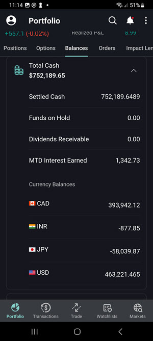 The total cash section on the Android Phone