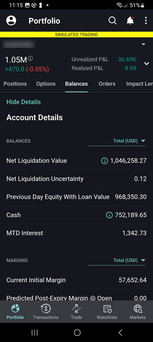The balances tab on the Android phone. 