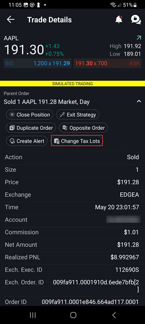 The changetax lots button on the Android Phone