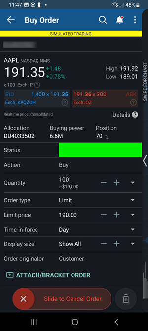 The orders and trades order status panel on the Android phone. 