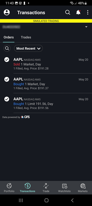 The orders & trades window on the Android Phone