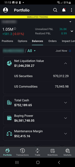 The Net Liquidation Value section on the Android phone. 