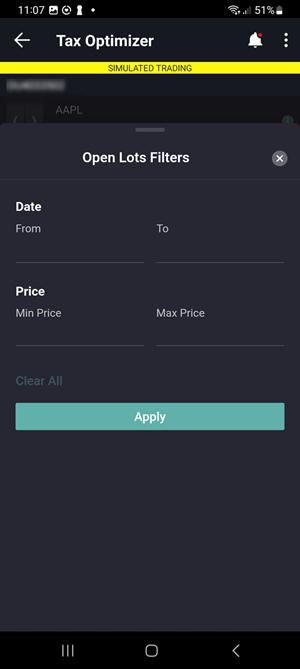 The tax optimizer open lots filters on the Android phone