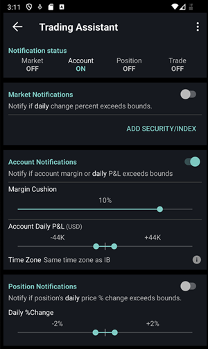 The trading assistant settings on the Android Phone