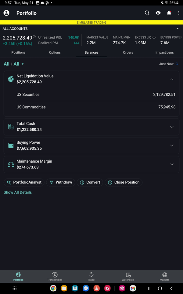 The Net Liquidation Value section on the Android Tablet