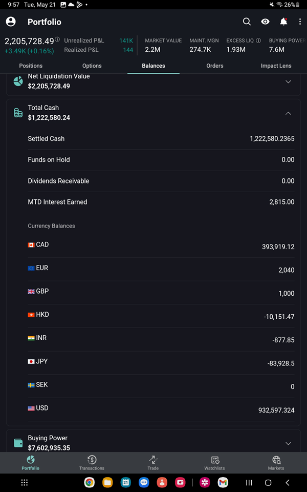 The total cash section on the Android Tablet