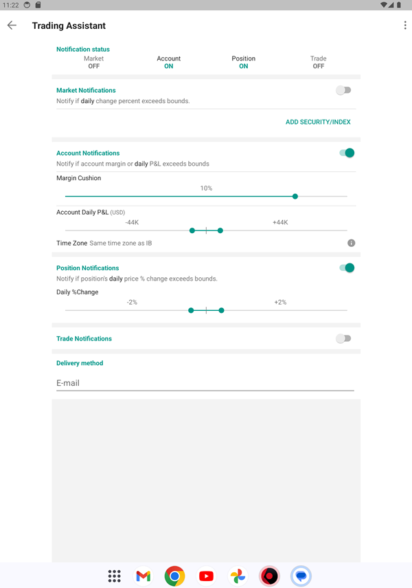 The trading assistant settings on the Android Tablet. 