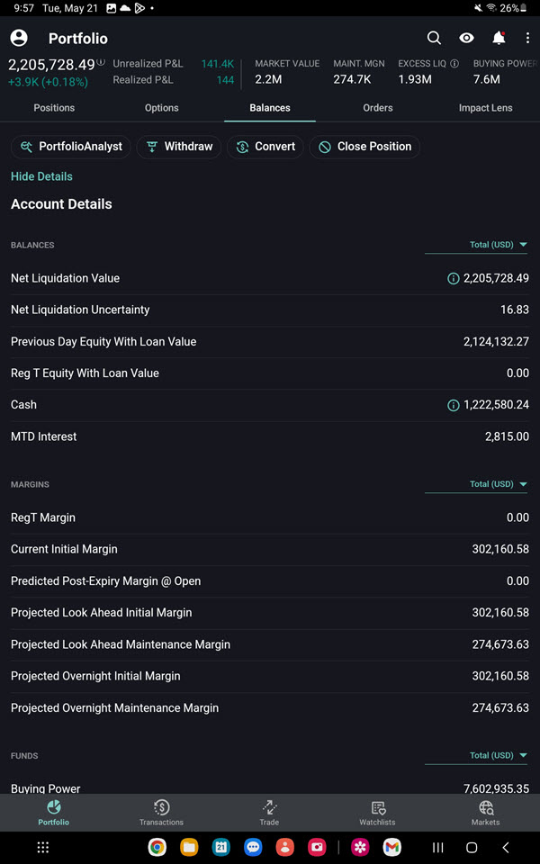 The balances tab on the Android Tablet. 