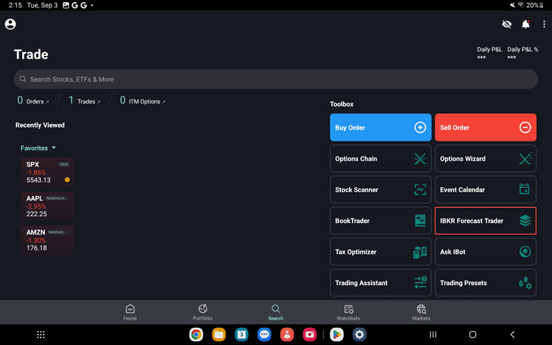 The IBKR ForecastTrader on the Android Tablet