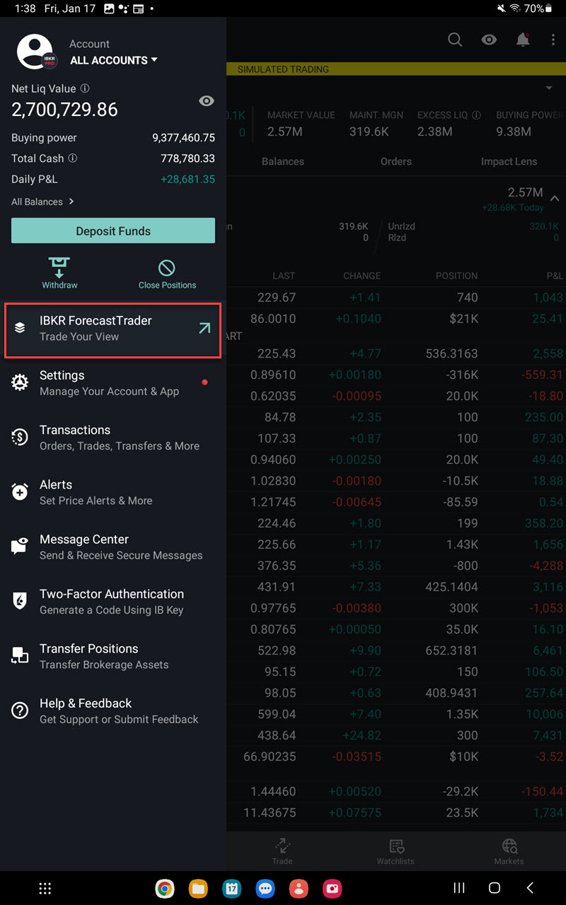 The IBKR ForecastTrader button on the Android Tablet