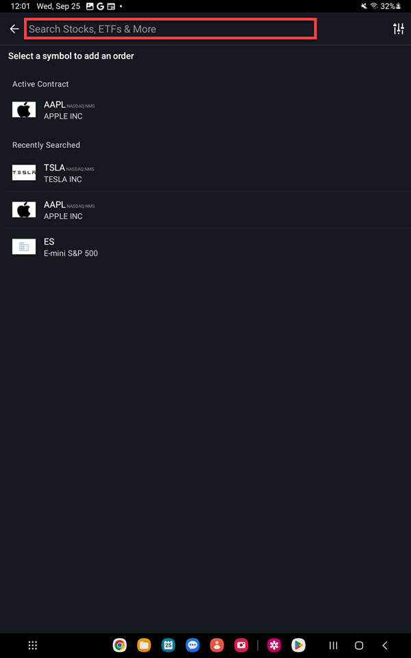 The symbol search on the Android Tablet