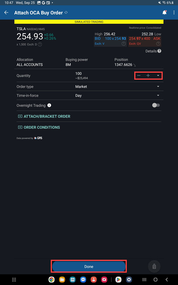 Attach OCA buy order preview on the Android Tablet