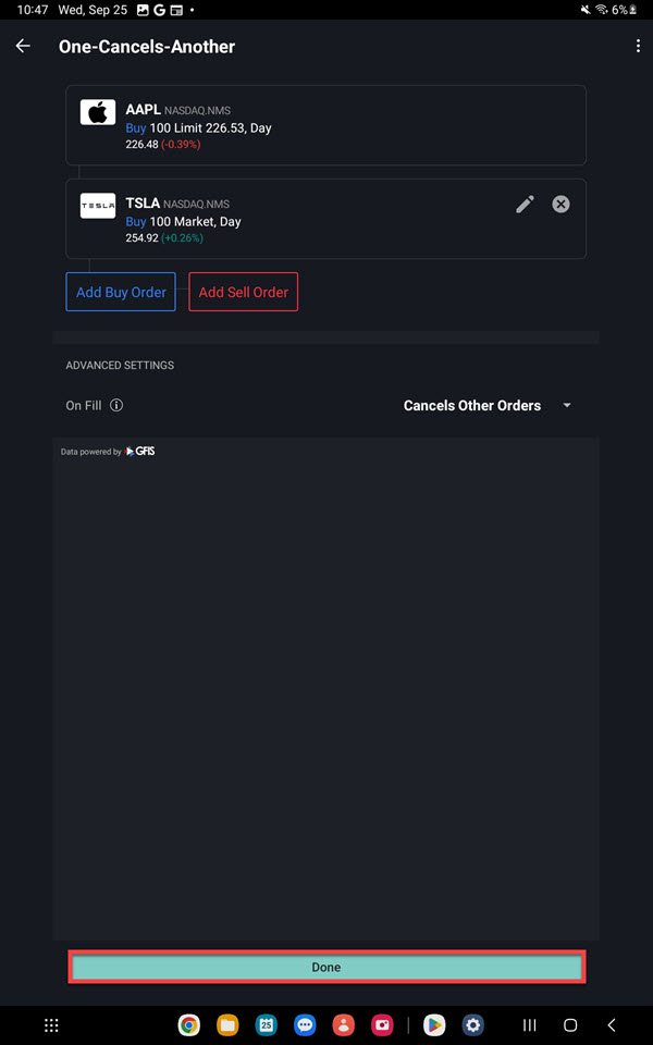 The one cancels another order screen on the Android Tablet