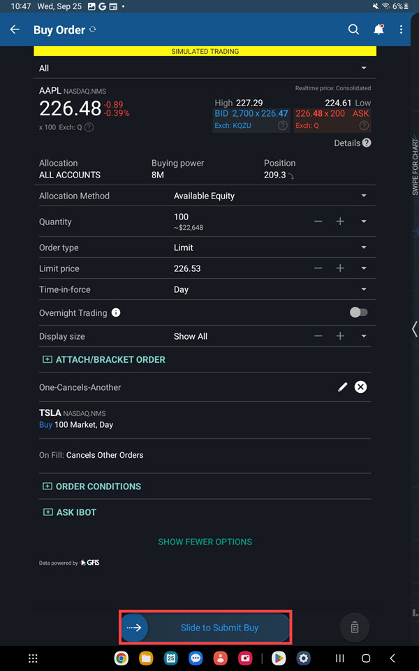 The OCA order preview on the Android Tablet