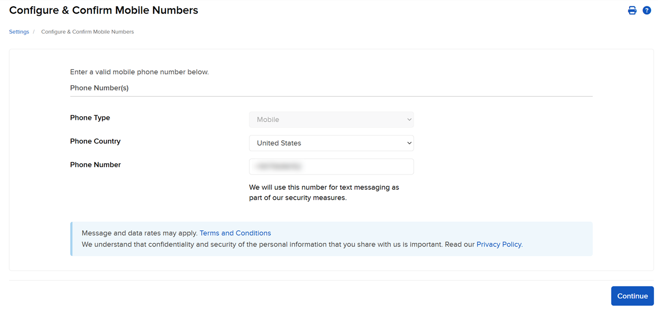 Image of the confirm mobile number panel in Portal. 