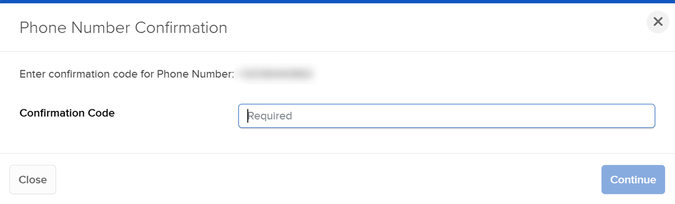 Image of the phone number confirmation panel in Portal. 
