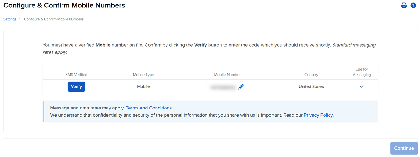 The mobile number panel in Portal. 