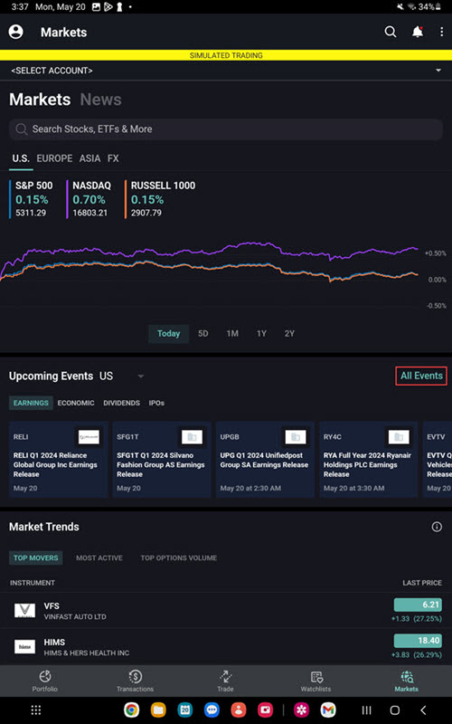 The events calendar all events on the Android Tablet