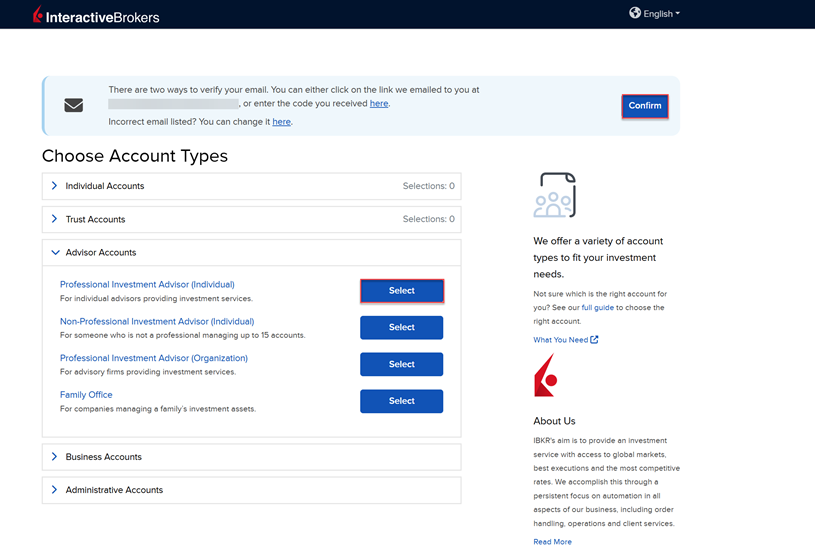 Select an advisor account type