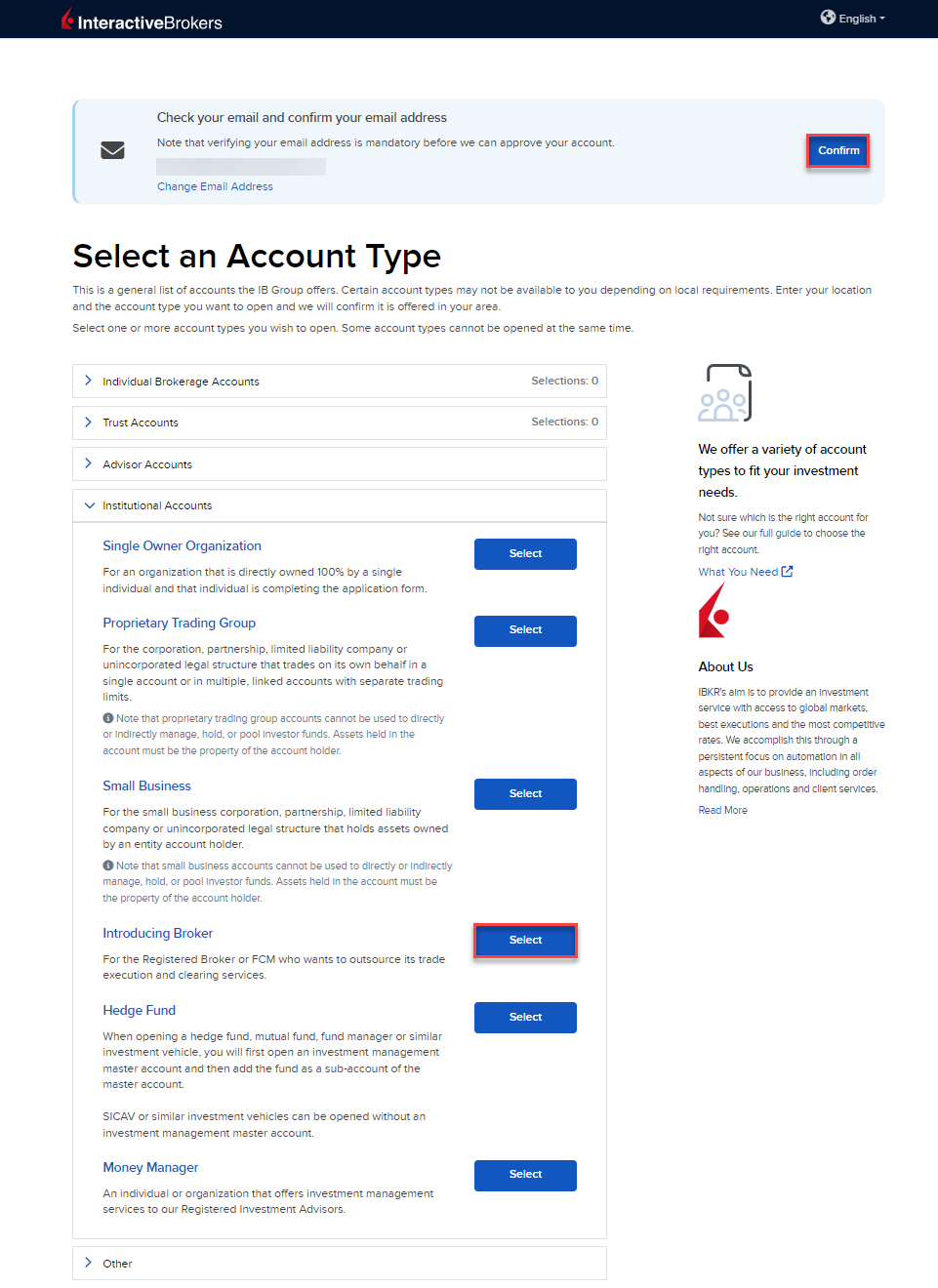 Select the account type introducing broker. 
