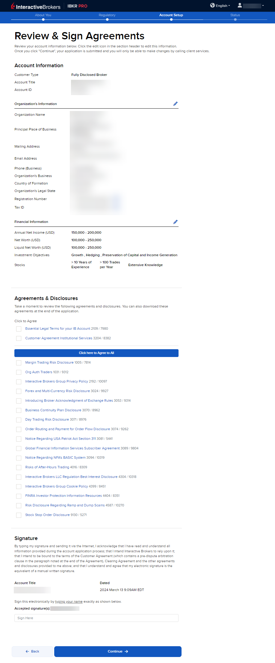 The review & sign broker application panel