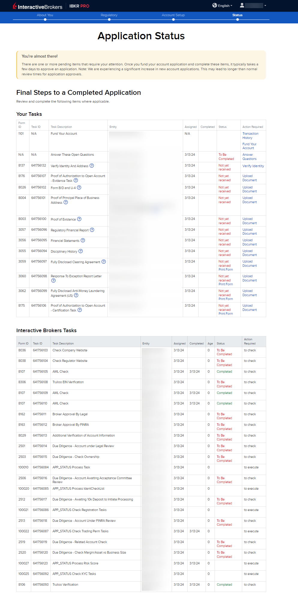 The broker application status page. 