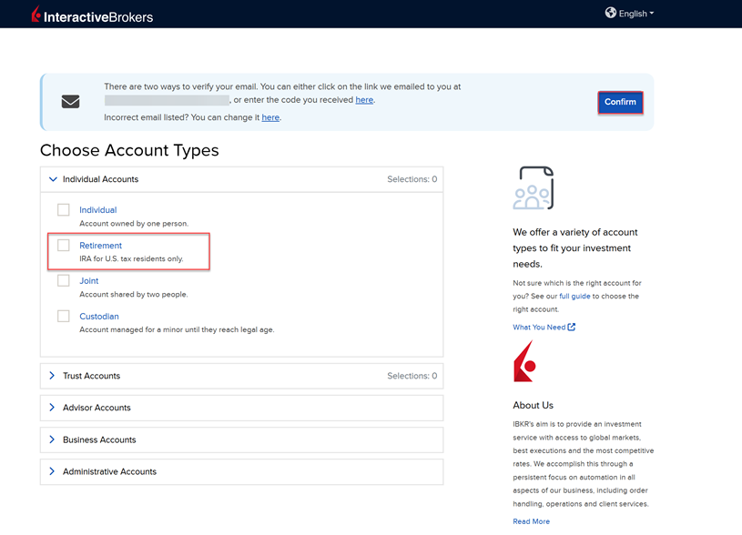 Selecting the retirement account type in the application. 