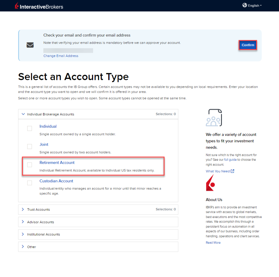 Selecting the retirement account type in the application. 