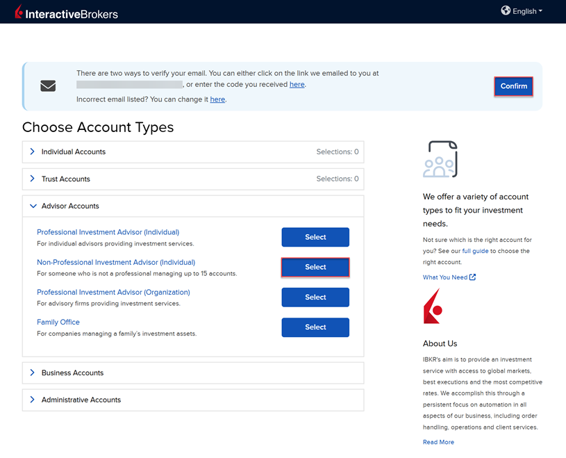 Select an advisor account type