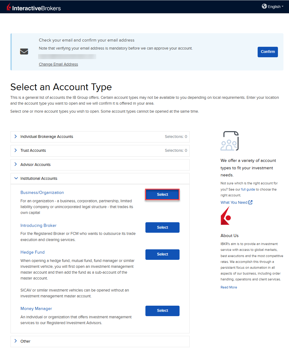 Select account type proprietary trading group. 