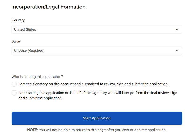 The incorporation/legal formation panel in the application. 