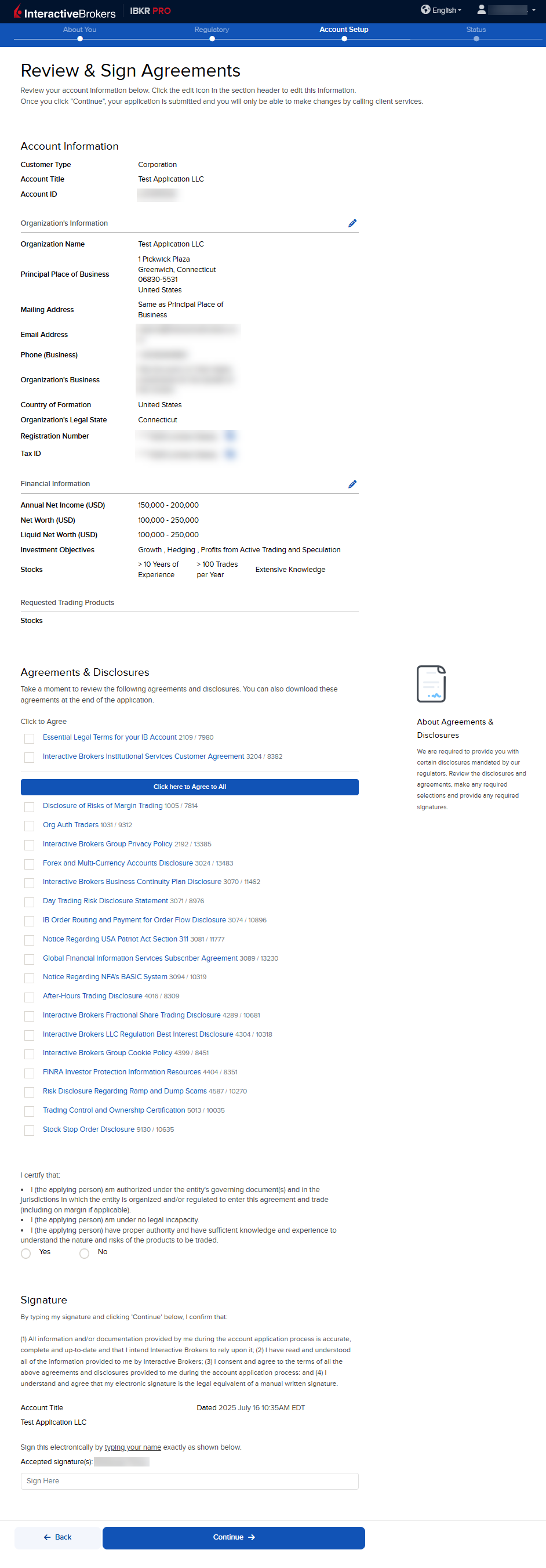 The review & sign application panel. 