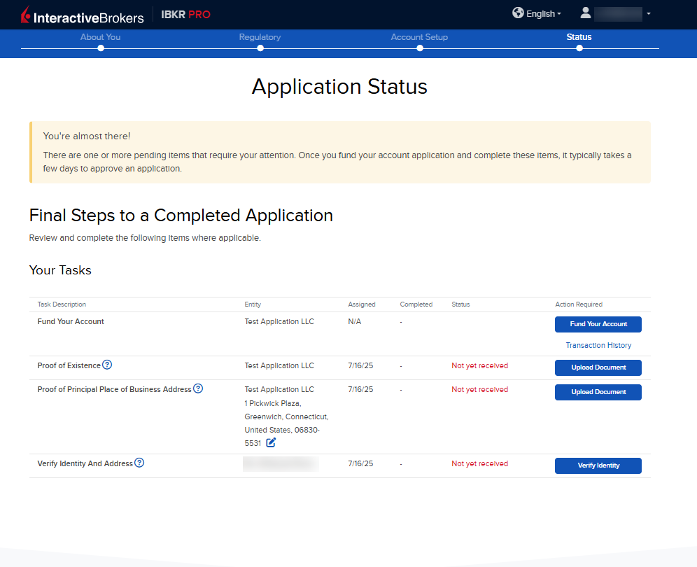 The application status page