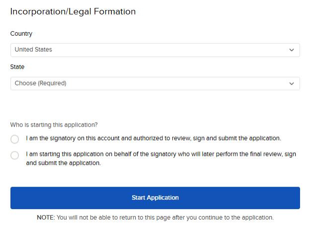 The incorporation/legal formation panel in the application. 