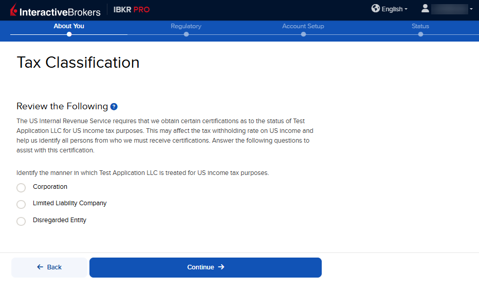 The tax classification panel in the application. 
