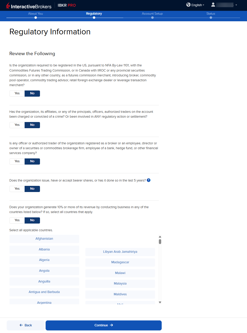 The regulatory information panel int he application. 
