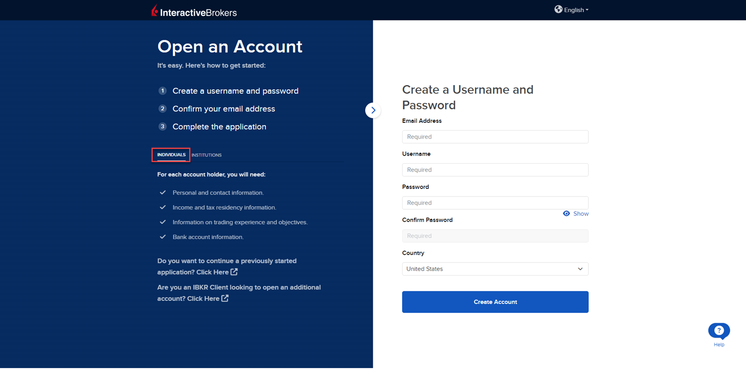 The open an individual account page on the IBKR website. 