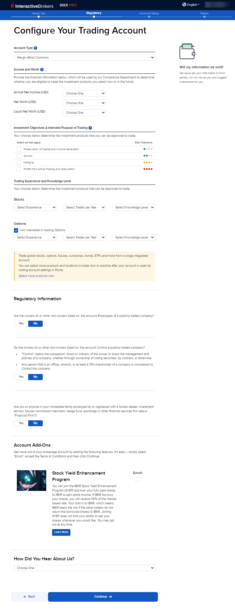 The account configuration page in the application. 