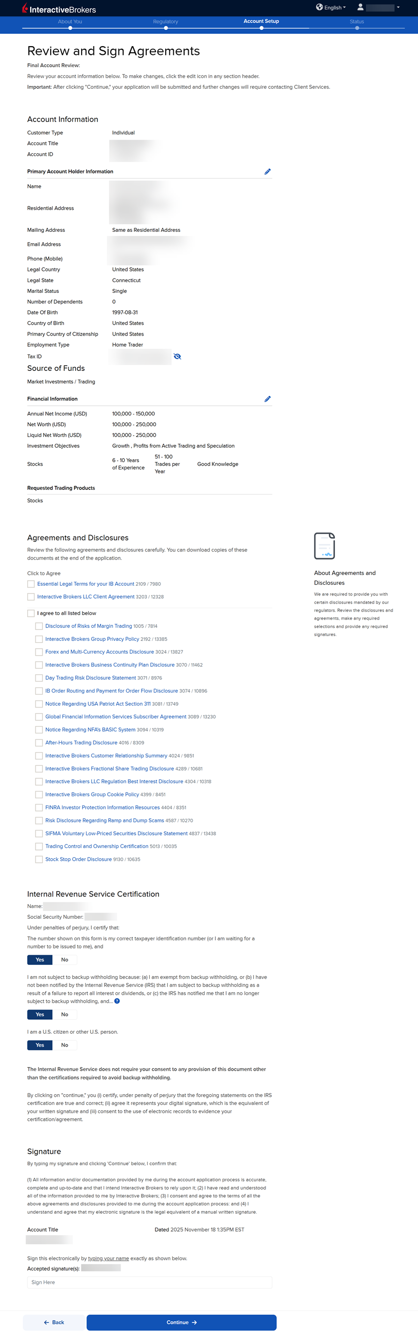 The review & sign application panel. 
