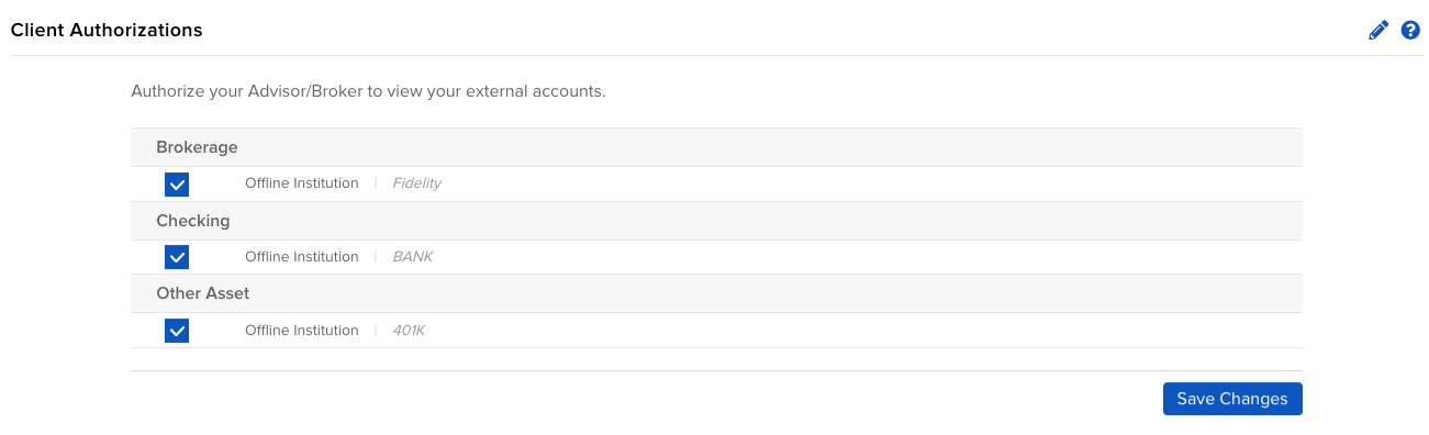 Image of the PortfolioAnalyst client authorizations panel. 