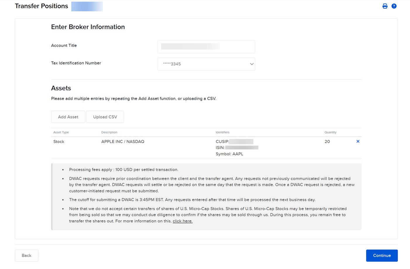 The assets to transfer panel in Portal. 