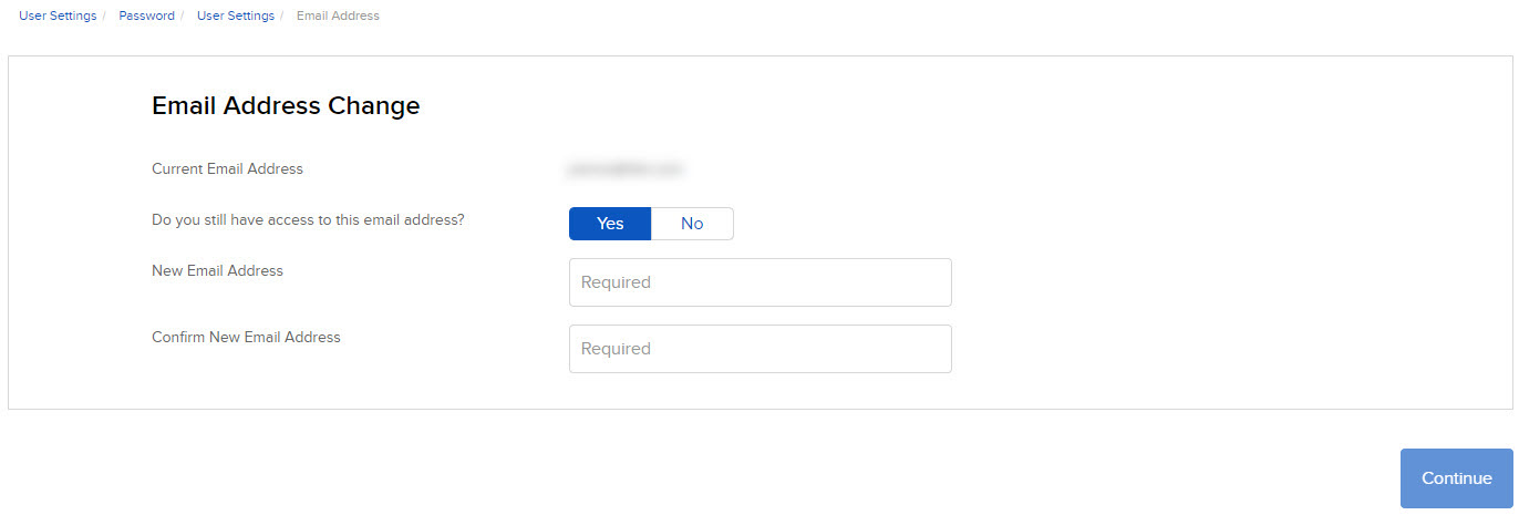 The email address change panel in Portal